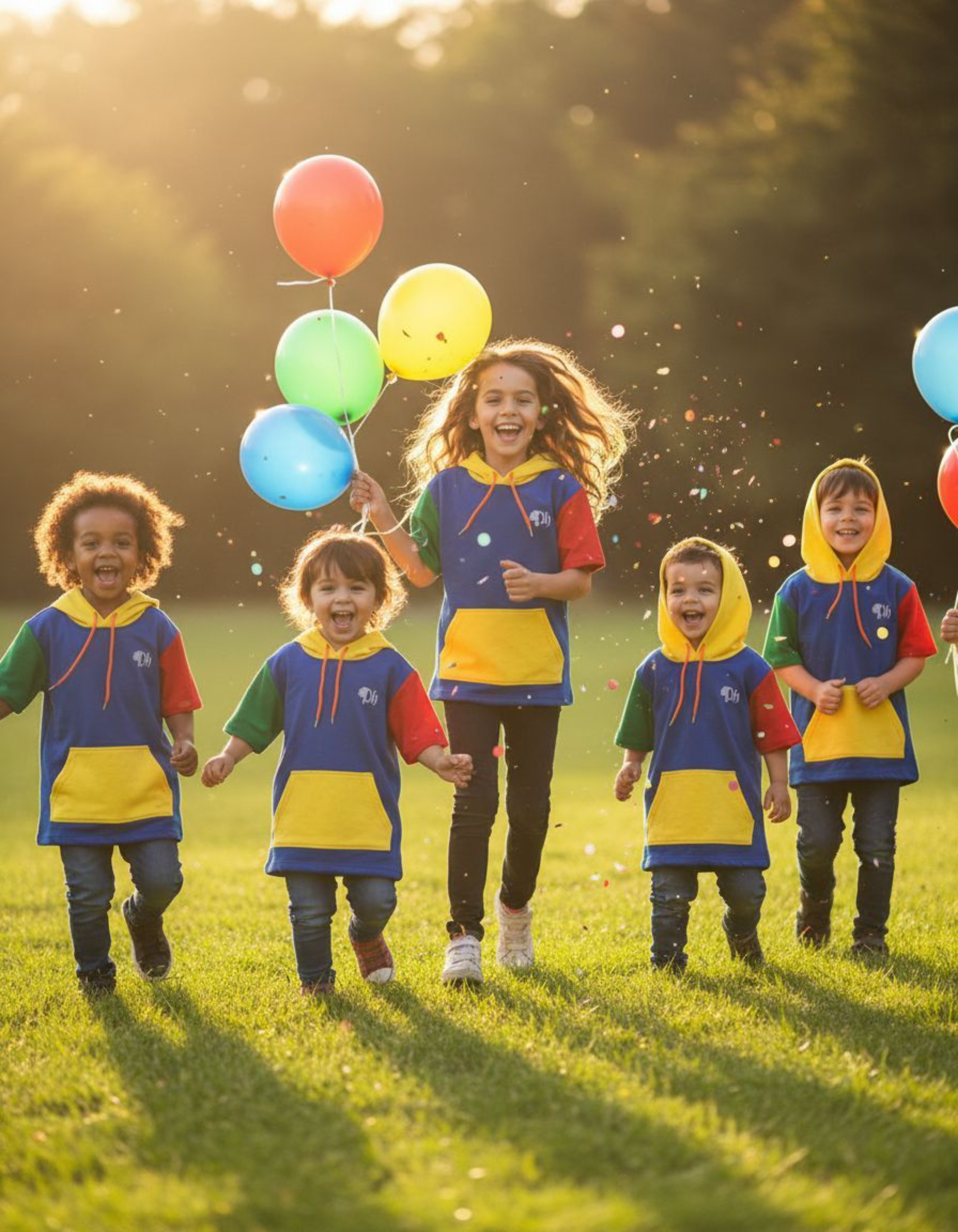 Children in matching colorful outfits running outdoors with balloons.