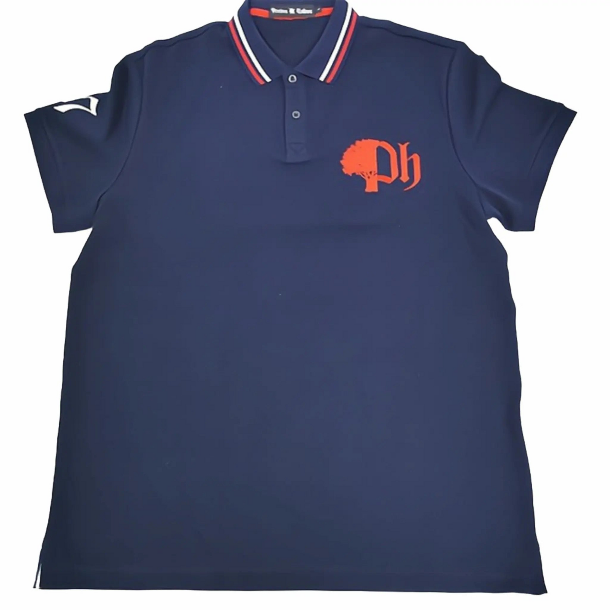 Navy blue cotton polo shirt with red logo on the chest, embroidery image on the right arm, red and white striped collar.#color_navy