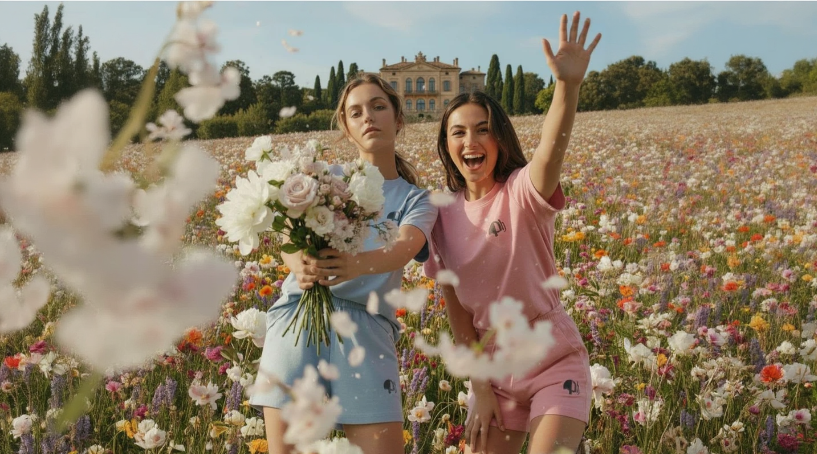 Two women in a field of flowers with one holding a bouquet.