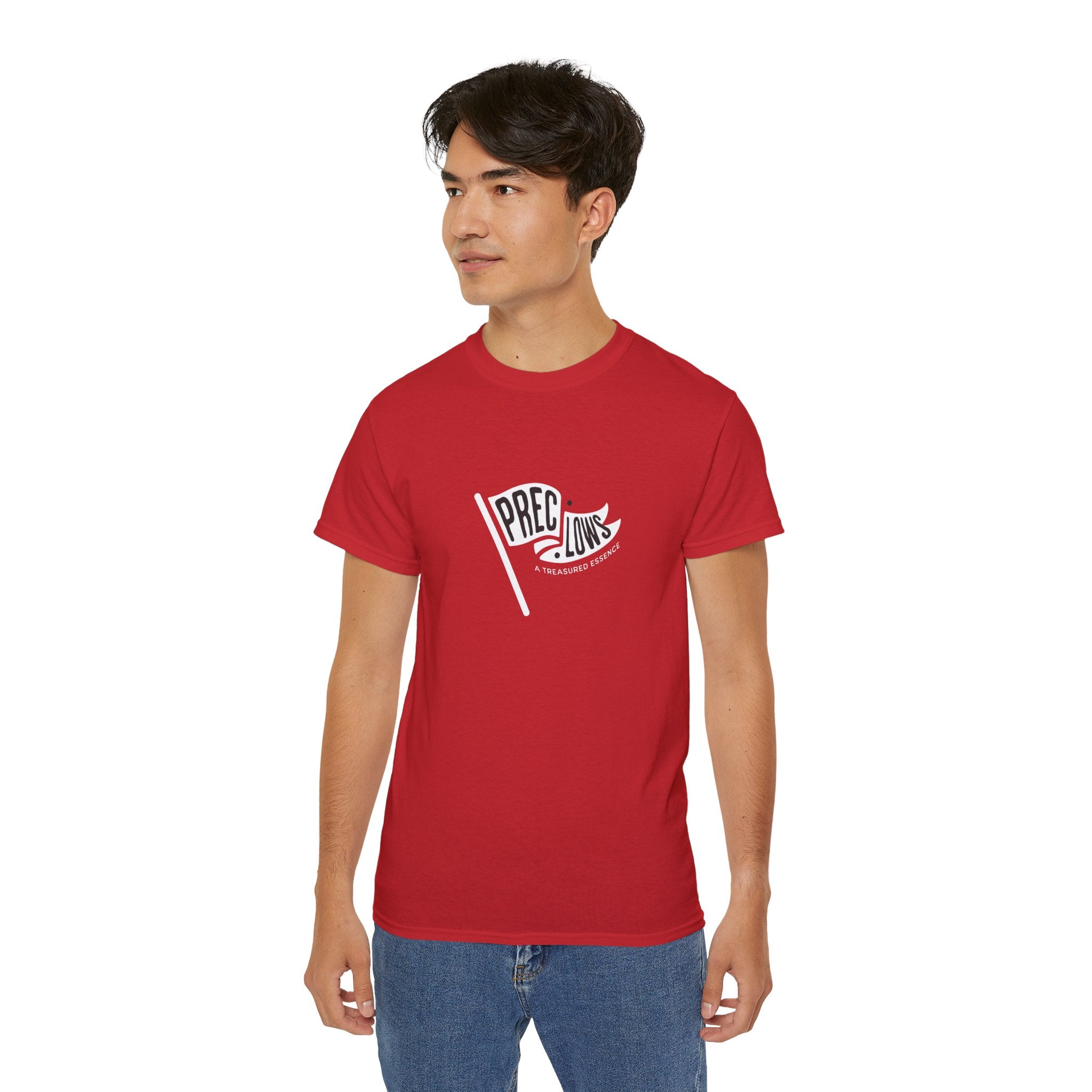 Person wearing a red t-shirt with a logo on a white background