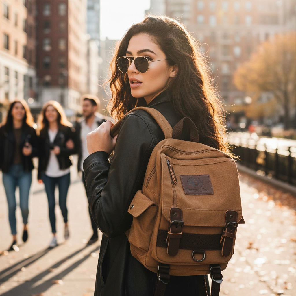 Woman with a brown backpack walking on a city street