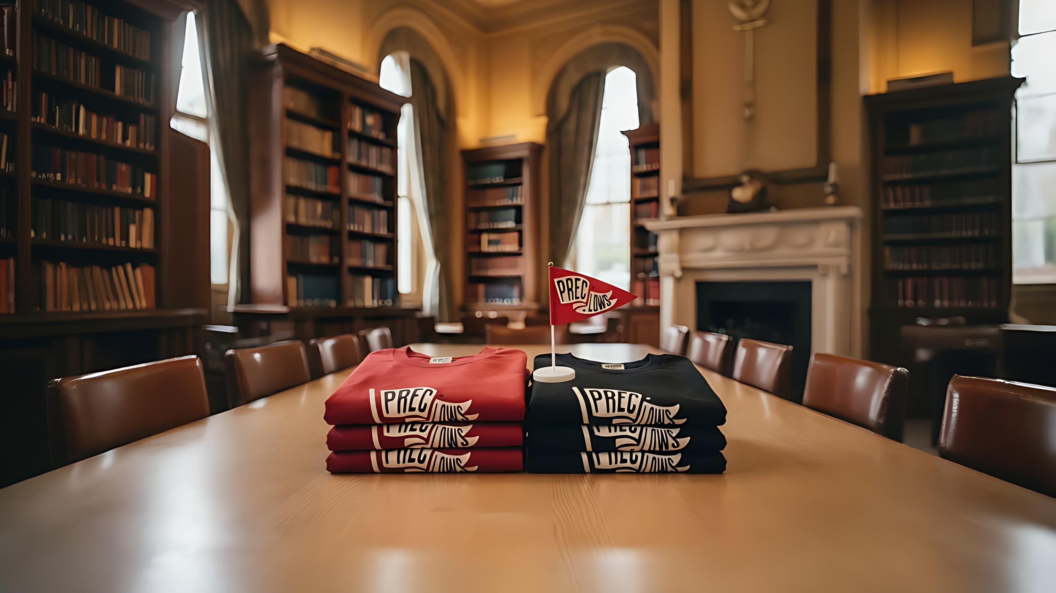 Stacks of red and black shirts on a table in a library setting