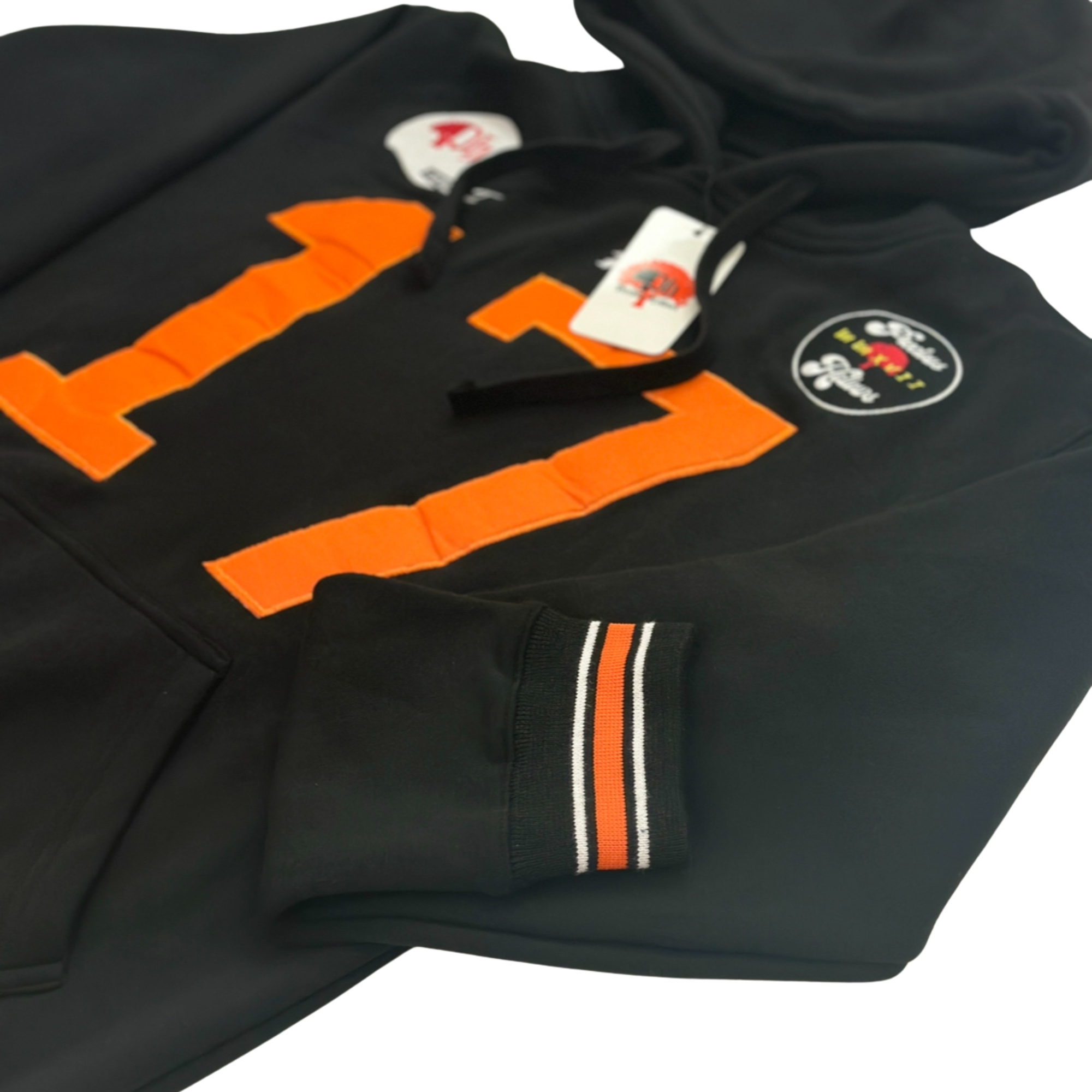 A black cotton blend football hoodie with the number 17 in orange and the brand name Birdie Hollows on it. It includes a hood and features black and white detailing.