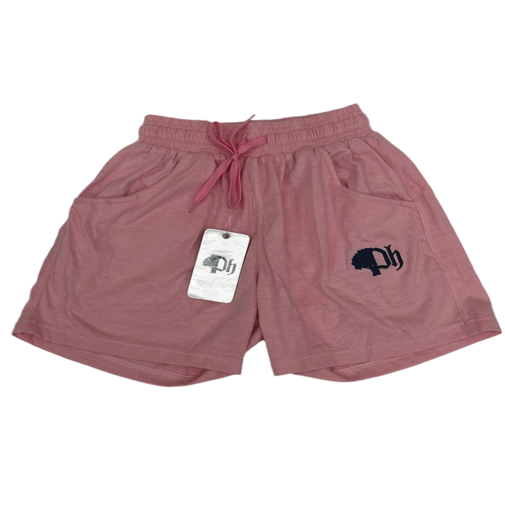Pink shorts with a logo on a white background.
