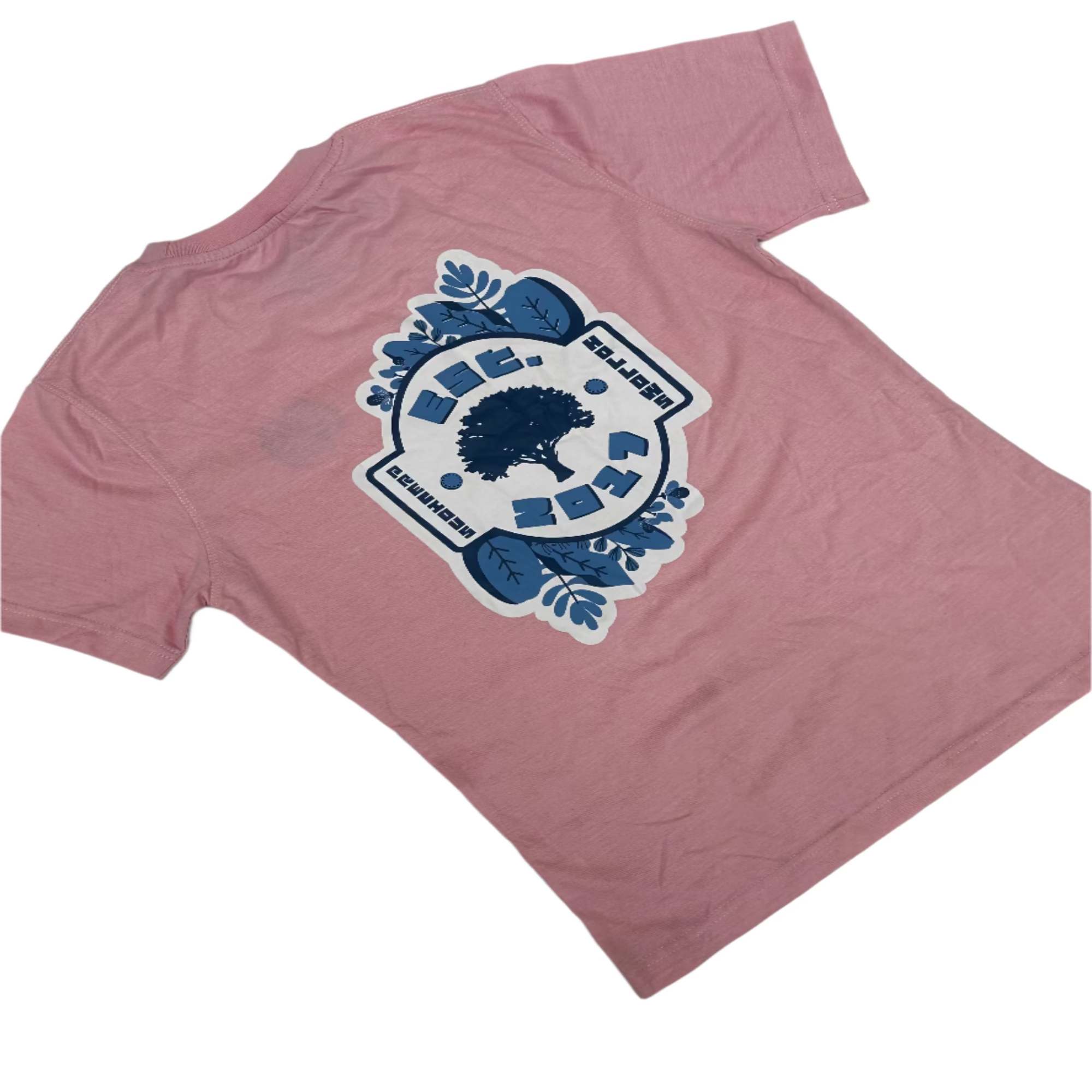 Pink t-shirt with a blue and white logo on a white background