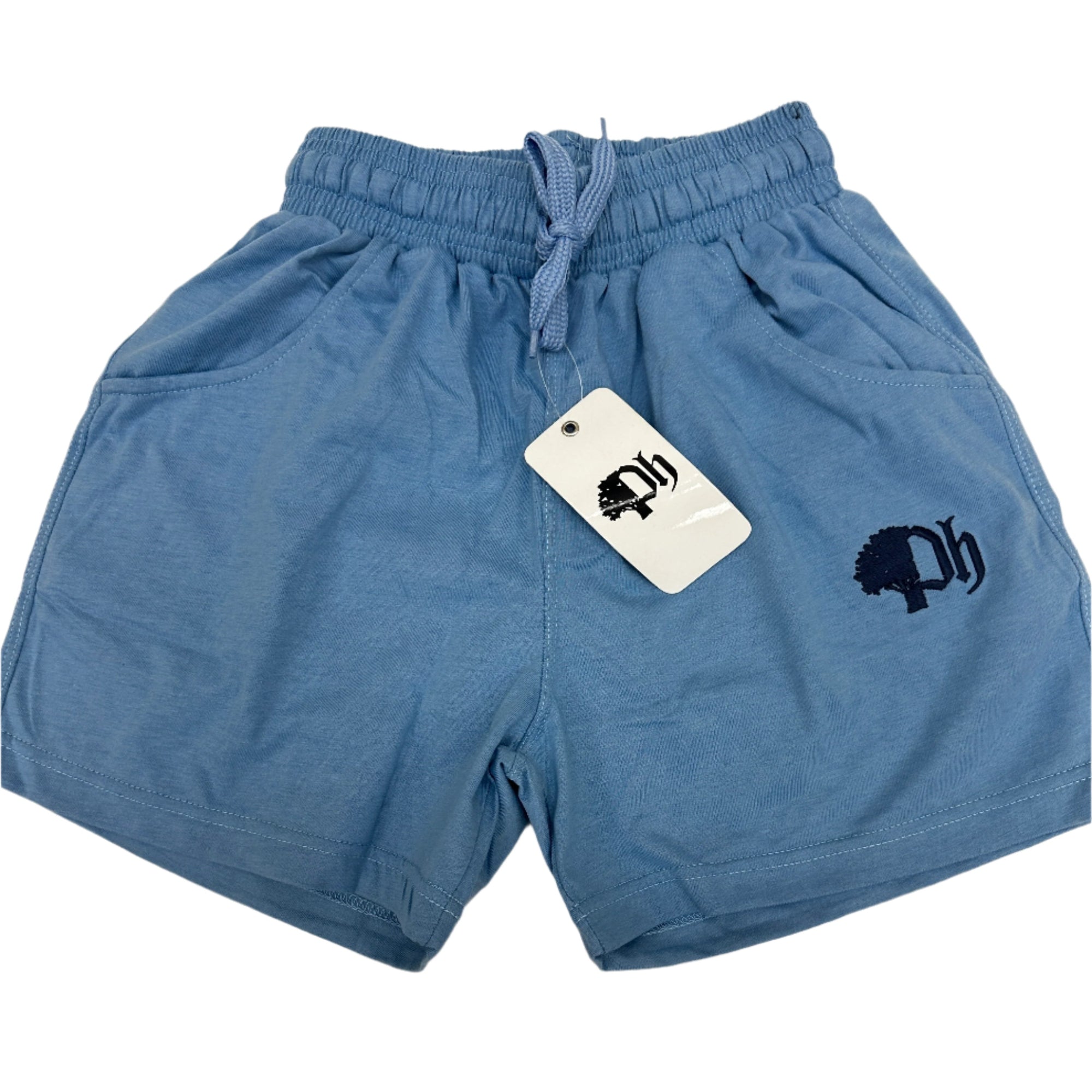 Blue shorts with a brand tag on a light gray background.