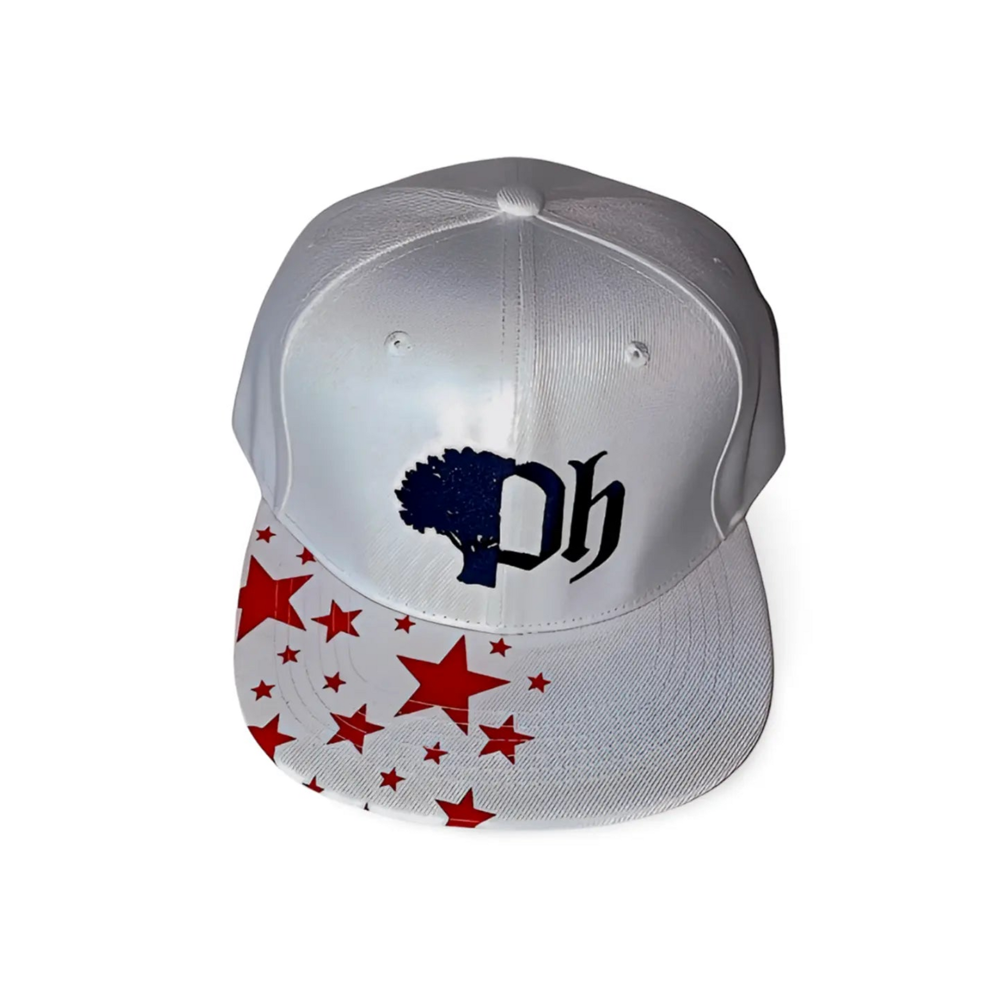 A snapback cap with a red stars pattern on the brim and a navy blue logo on the front.#color_white-navy