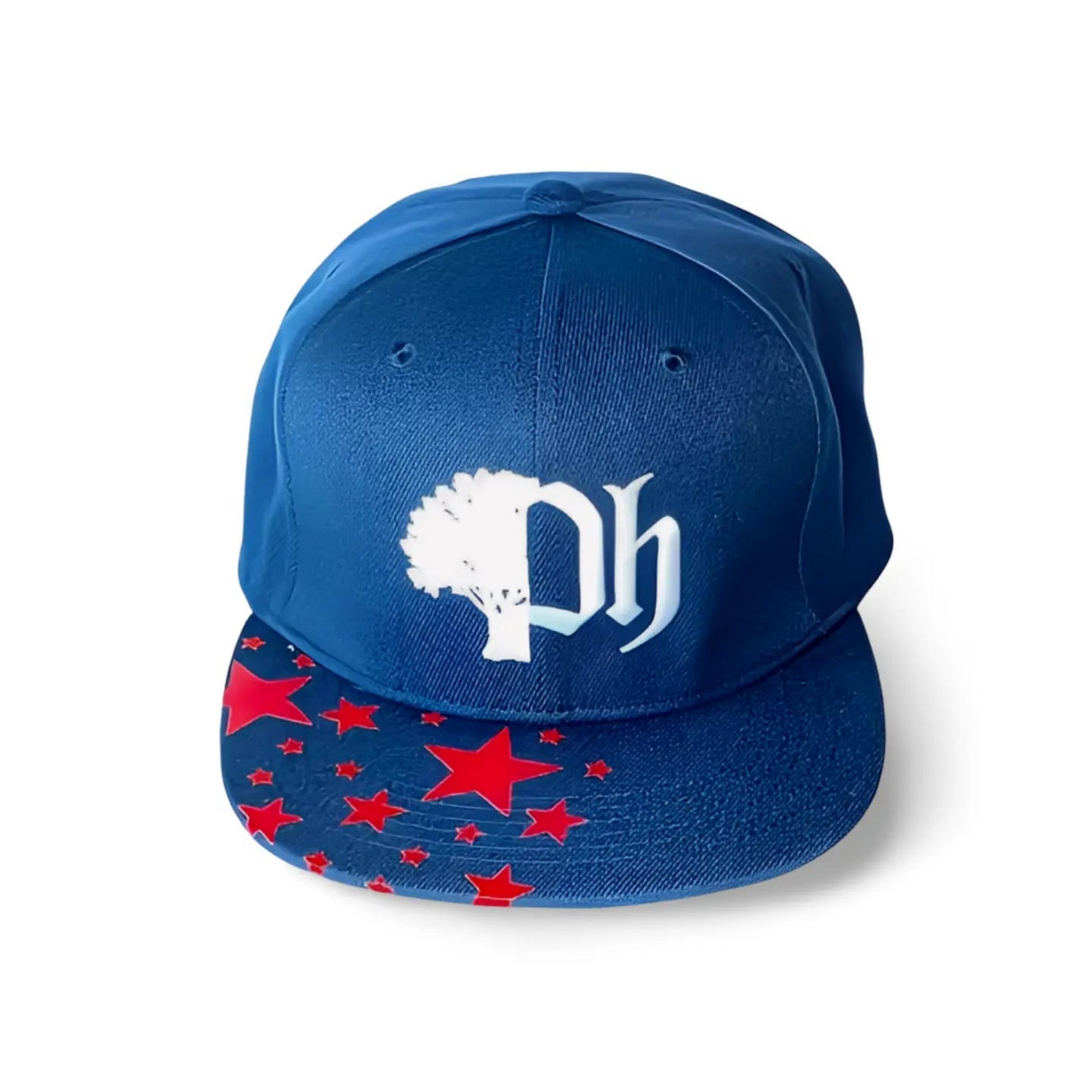 A snapback cap with a red stars pattern on the brim and a white logo on the front.#color_navy-white