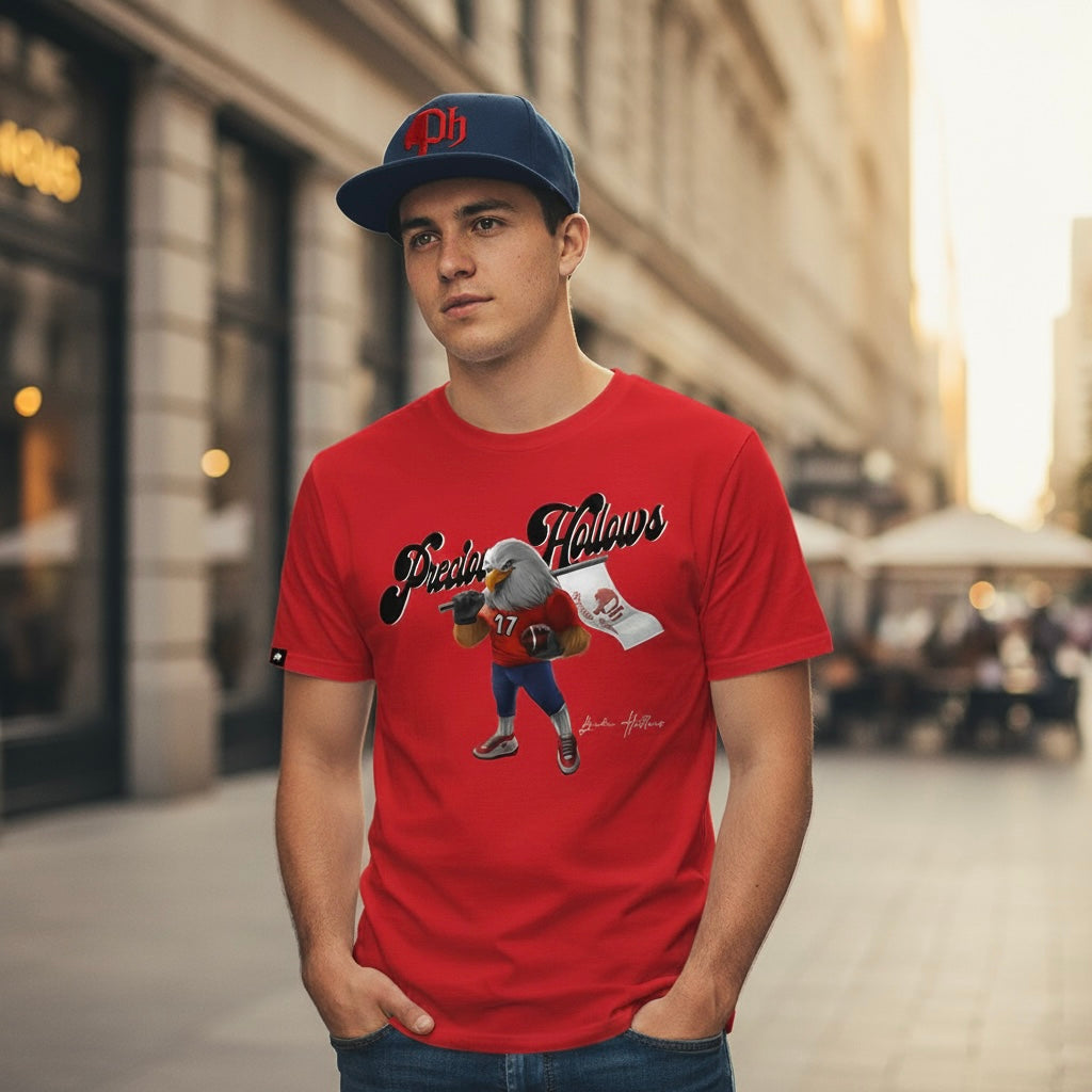 Man wearing a red t-shirt and navy blue hat with a graphic design on a city street