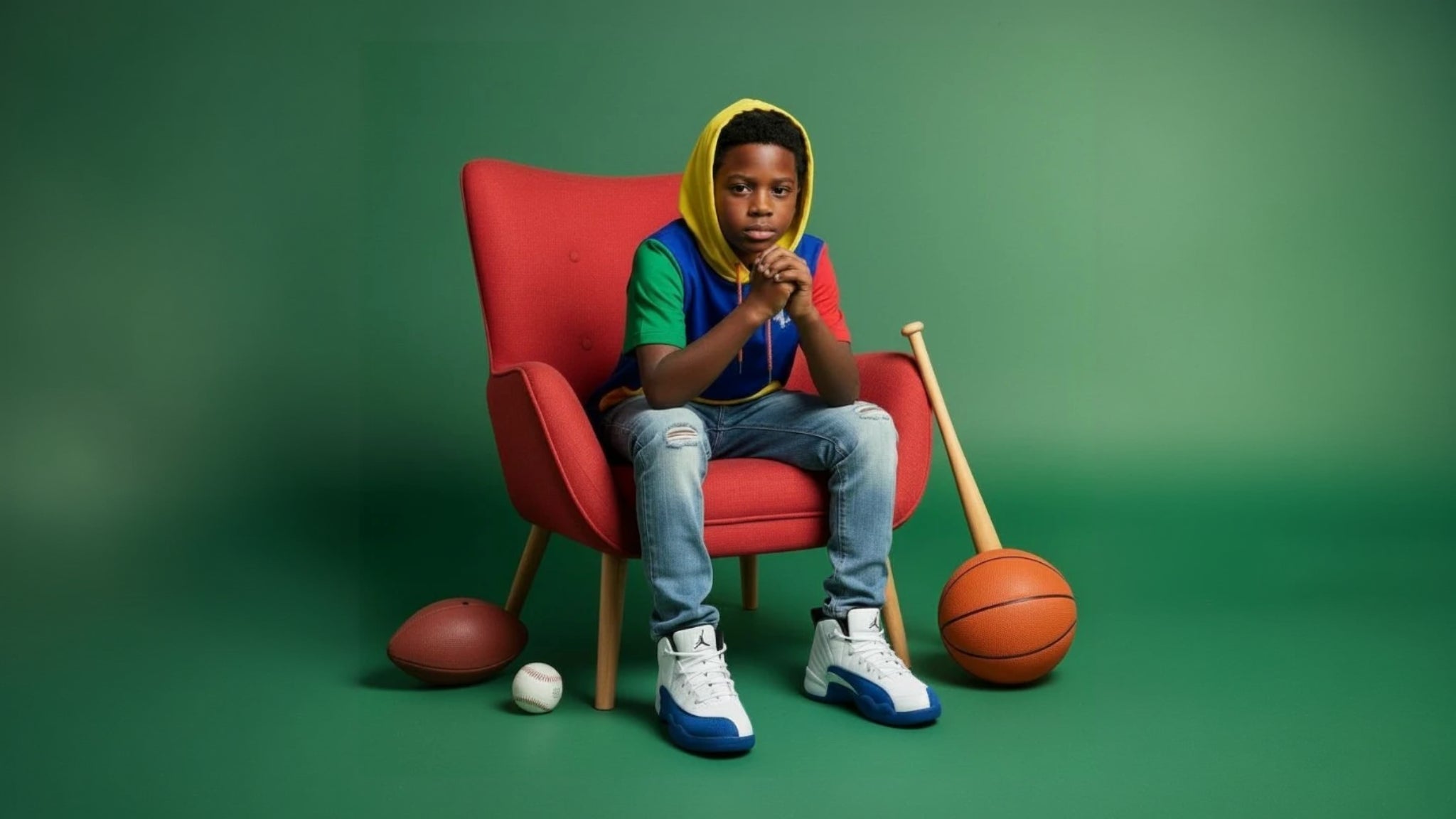 Child sitting on a red chair with sports equipment on a green background
