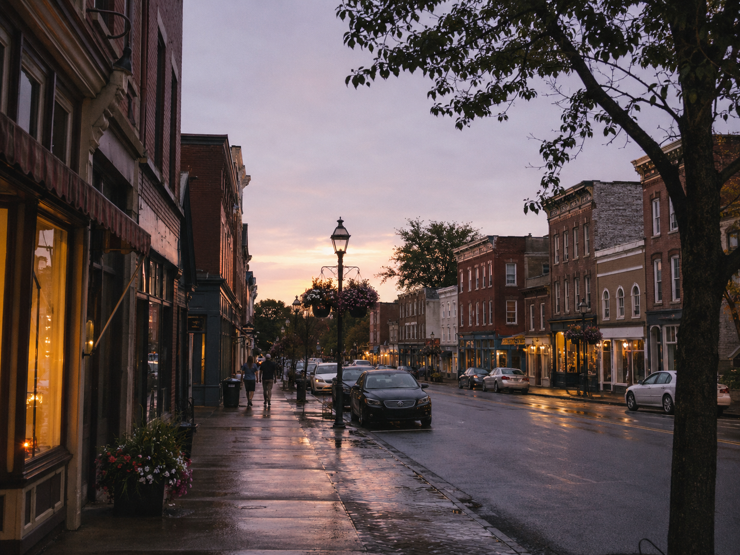 A quiet historic downtown street after rainfall at dusk