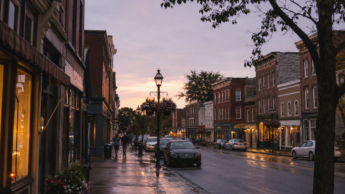 A quiet historic downtown street after rainfall at dusk