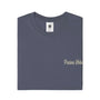 Folded navy blue t-shirt with 'Precious Hollows' text on a white background