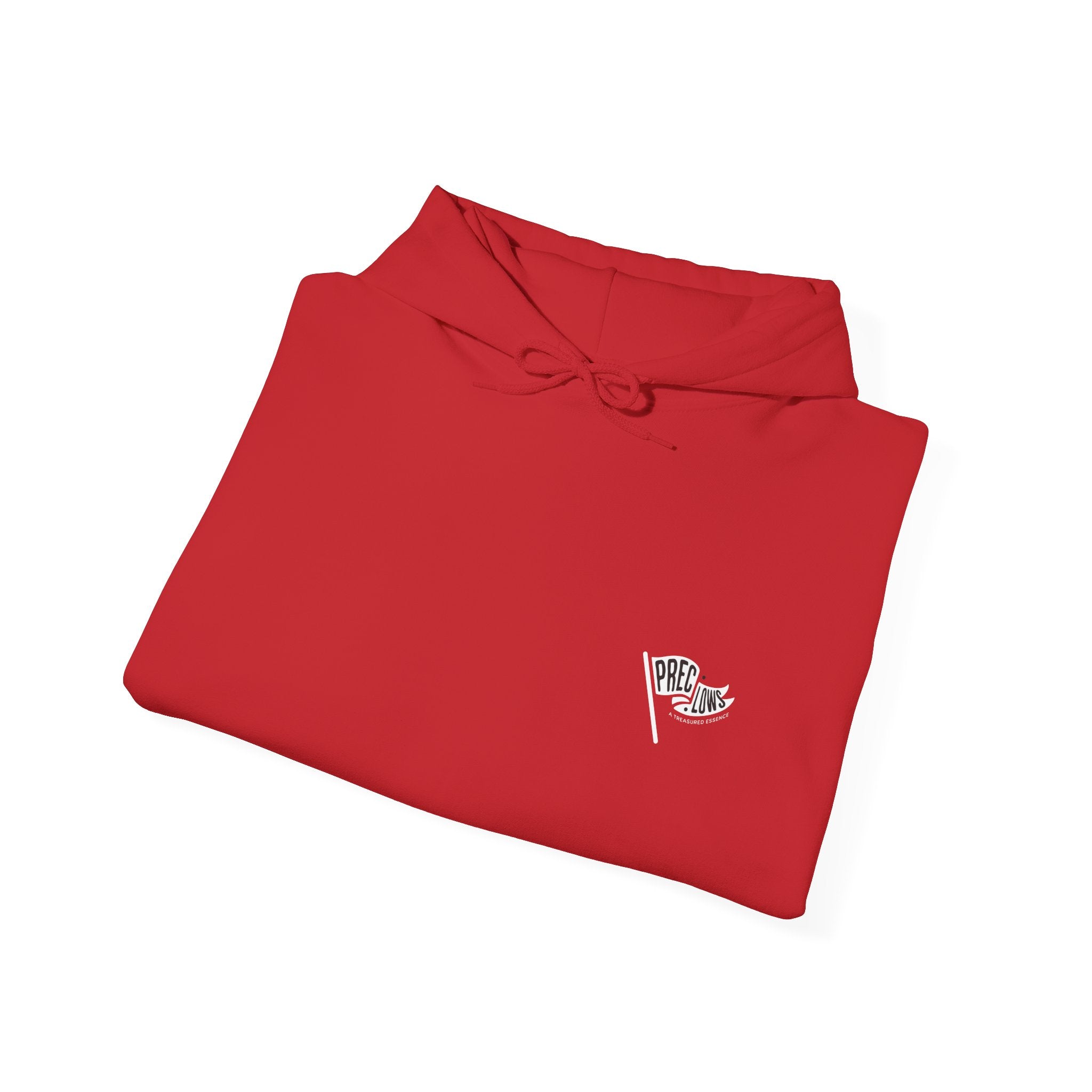 Folded red hoodie sweatshirt with a logo on a white background.#color_red