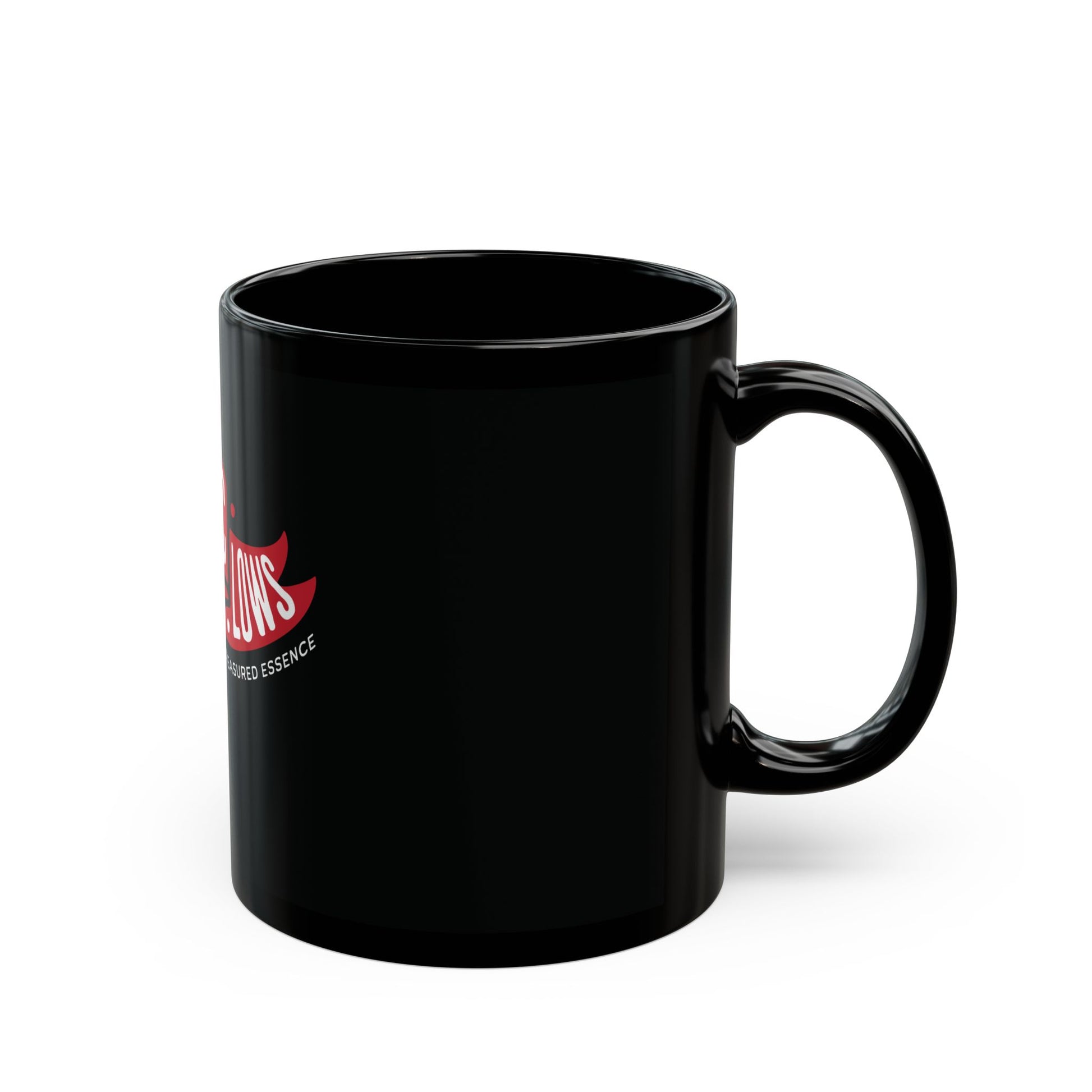 11 oz black mug with a red and white logo on a white background.#size_11oz