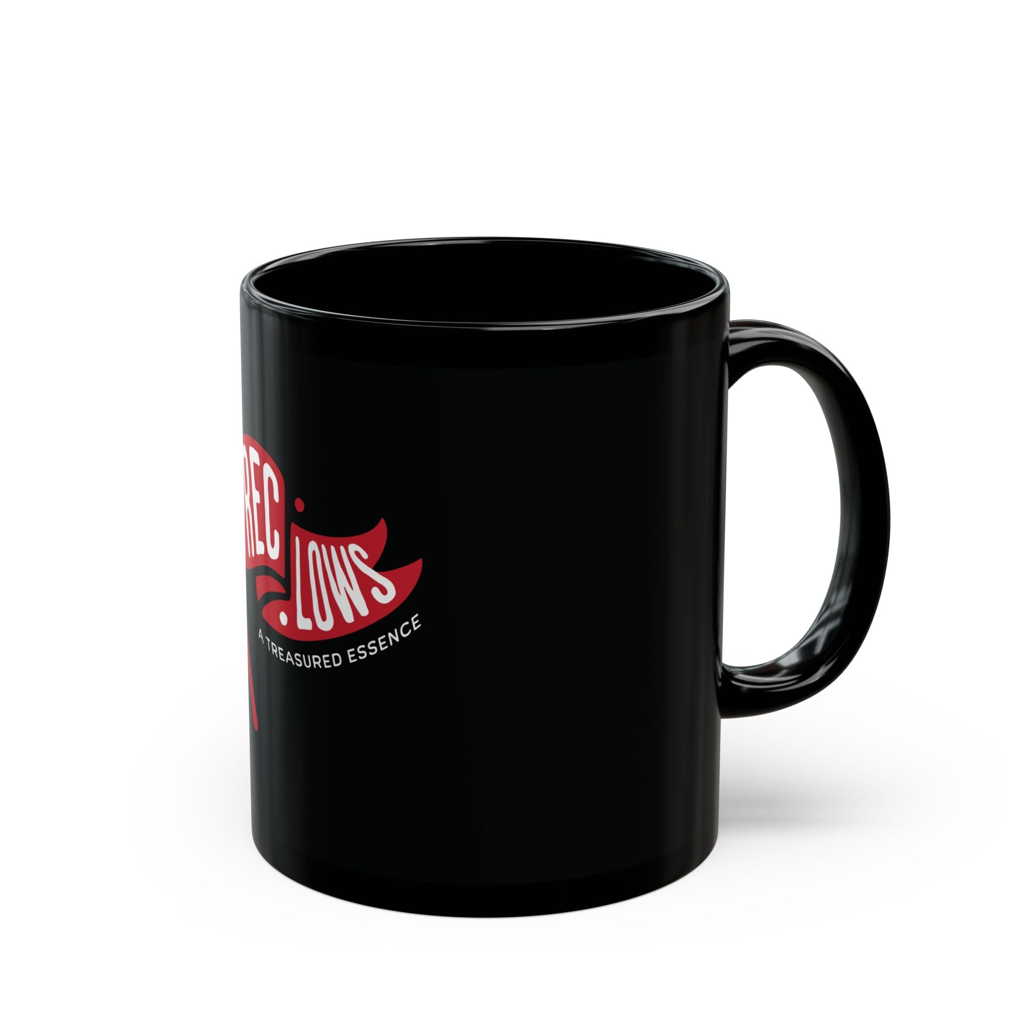 11 oz black mug with red and white logo on a white background.#size_11oz