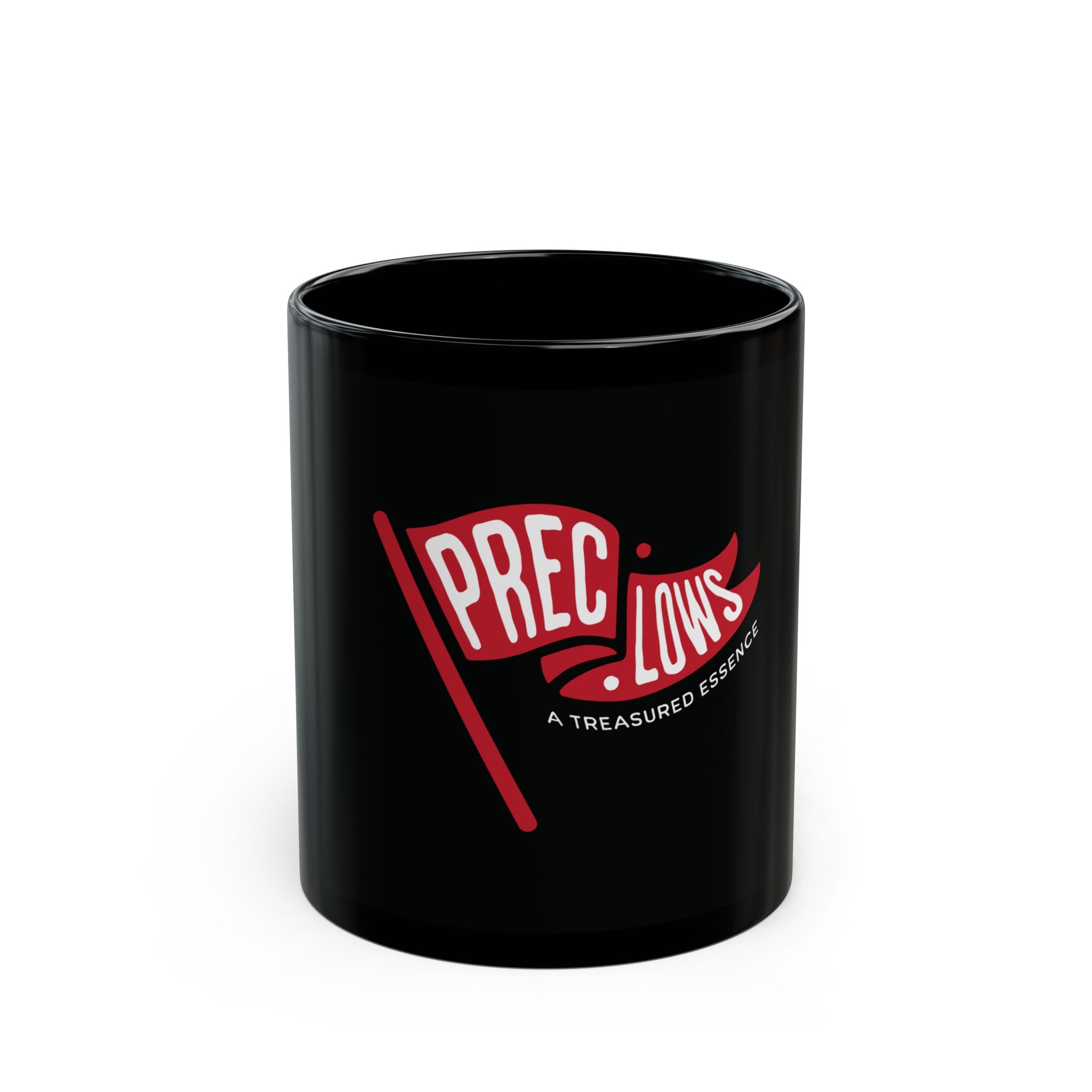 11 oz black mug with red and white logo on a white background.#size_11oz