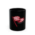11 oz black mug with red and white logo on a white background.#size_11oz