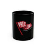 11 oz black mug with red and white logo on a white background.#size_11oz