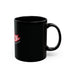 11 oz black mug with a red and white logo on a white background.#size_11oz