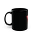 11 oz black mug with a red logo on a white background.#size_11oz