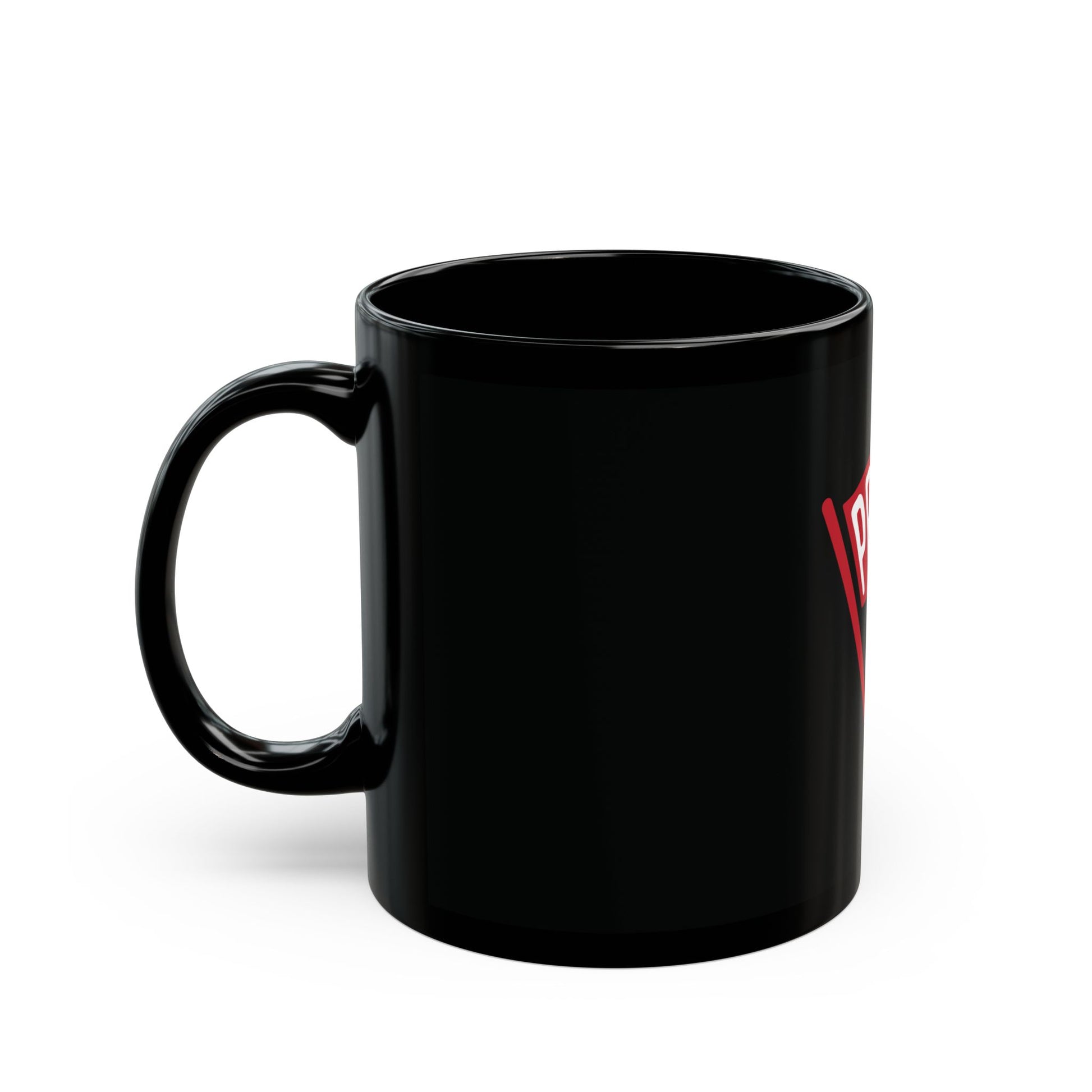 11 oz black mug with a red logo on a white background.#size_11oz