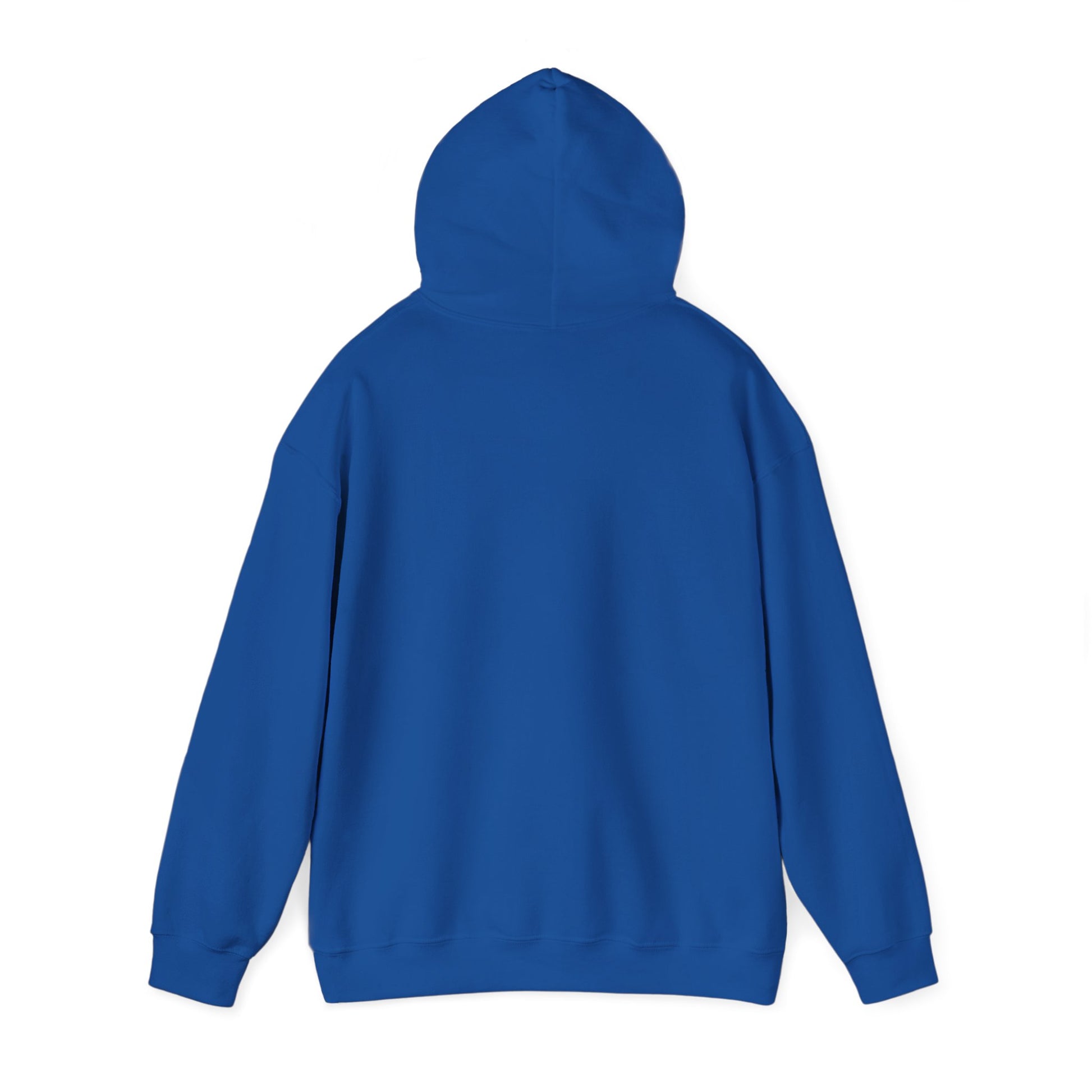 Back of a blue hoodie with the hood up on a white background.#color_royal