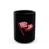 15oz black mug with red and white logo on a white background.#size_15oz