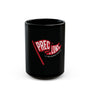 15oz black mug with red and white logo on a white background.#size_15oz