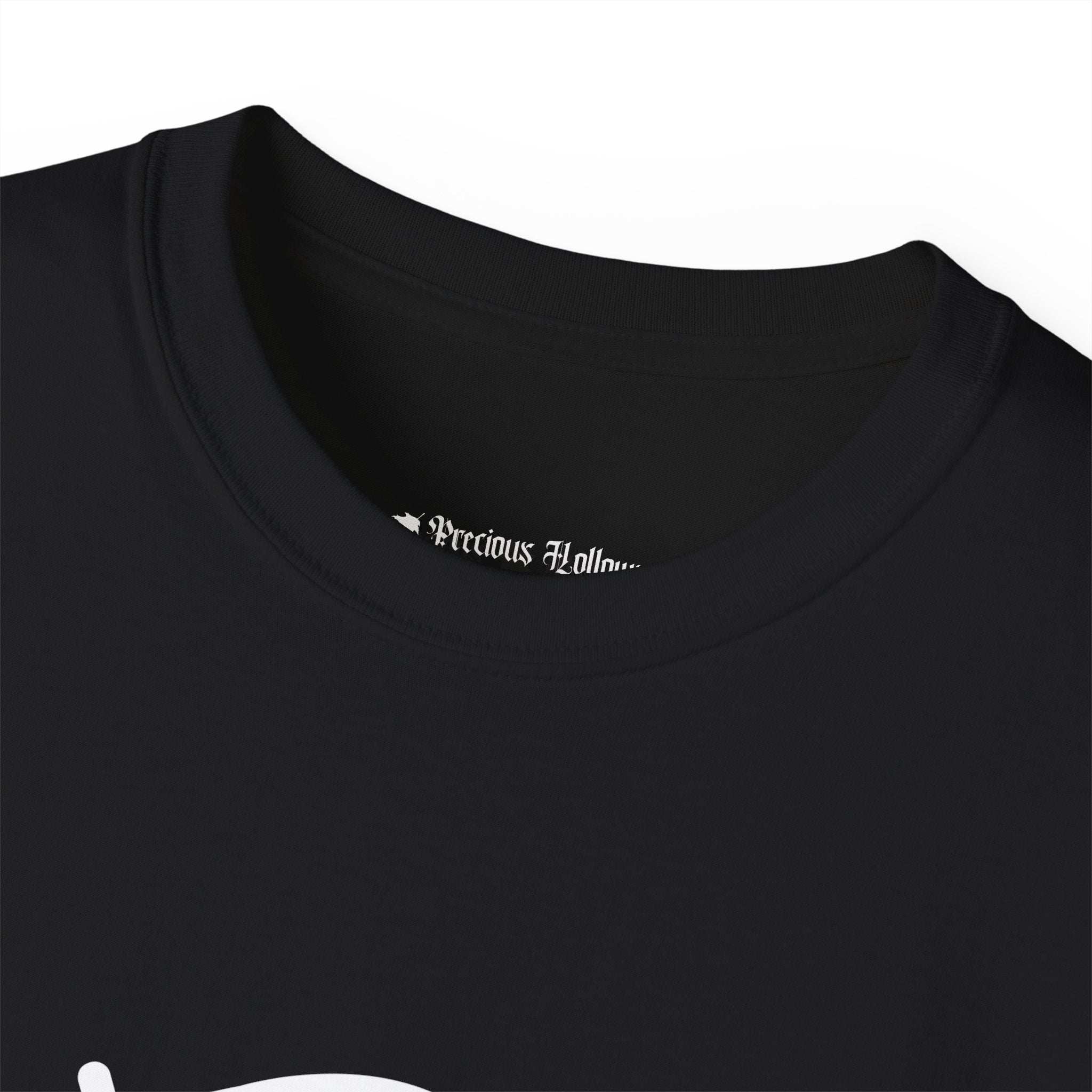 Black t-shirt with 'Precious Hollows' logo on a white background.#color_black