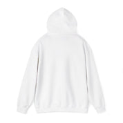 Back of white hoodie with hood up on a white background.#color_white