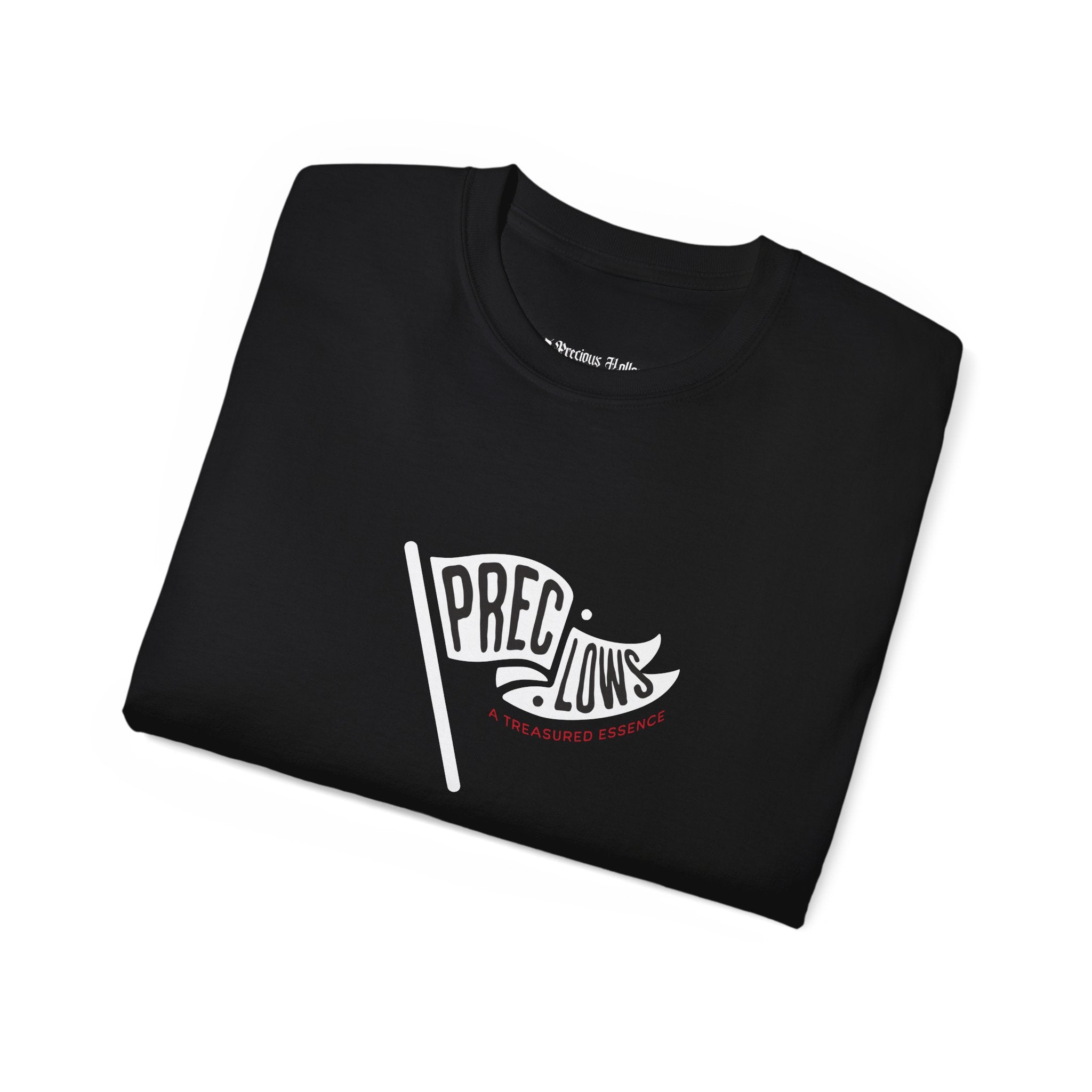 Folded black sweatshirt with 'PRECIOUS HOLLOWS' logo on a white background.#color_black