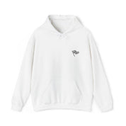 White hoodie with a small logo on a white background.#color_white