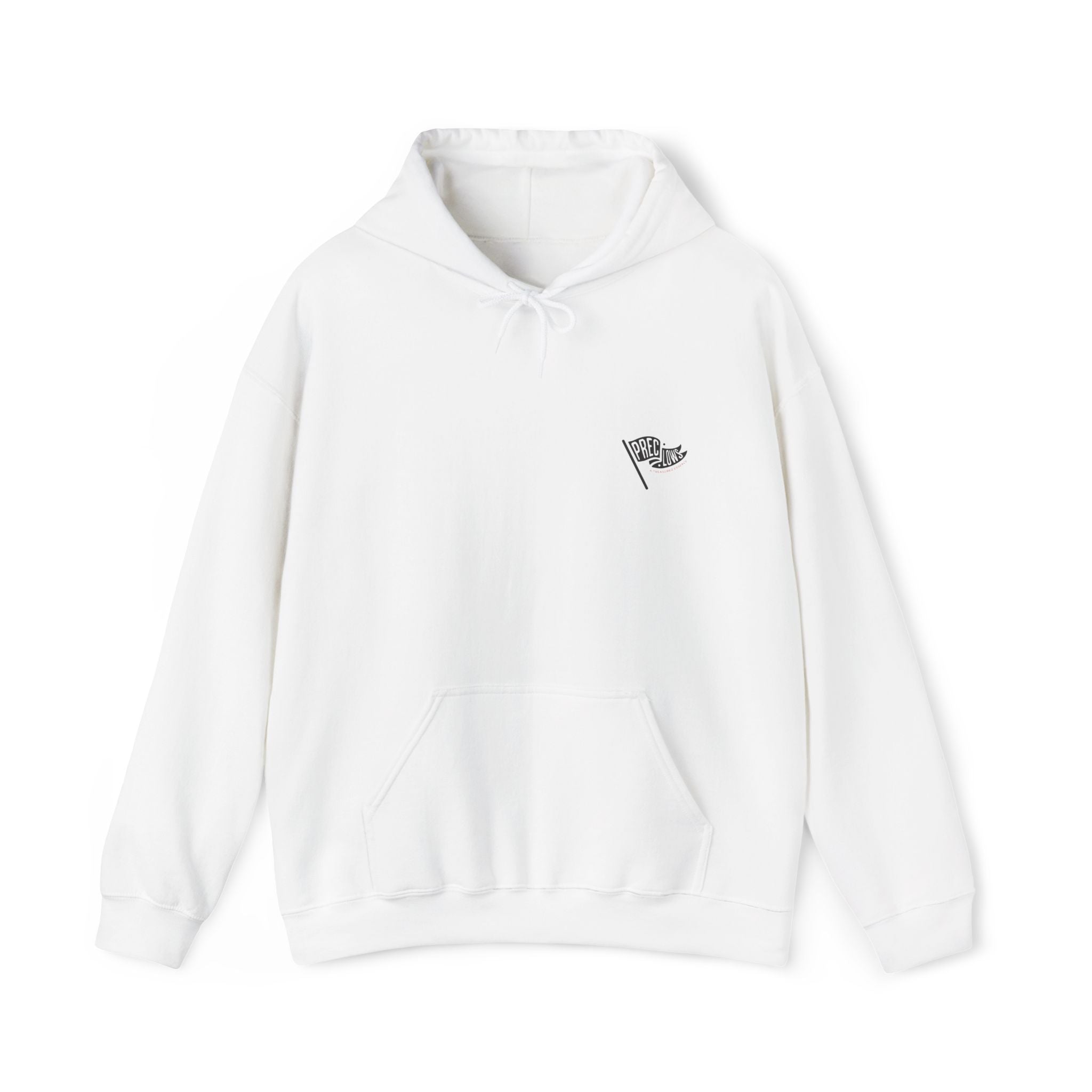 White hoodie with a small logo on a white background.#color_white