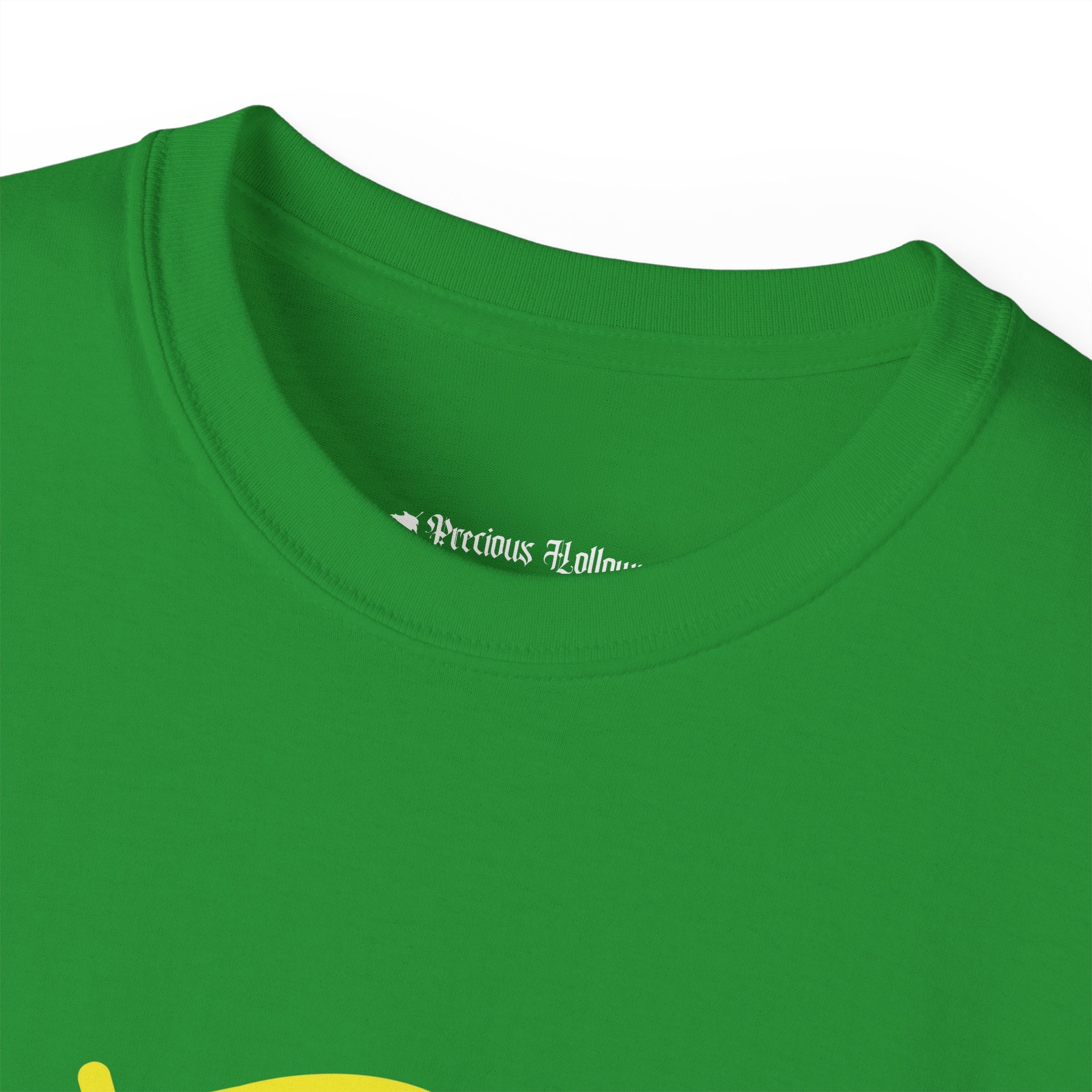 Green t-shirt with 'Precious Hollow' logo on a white background.#color_irish-green