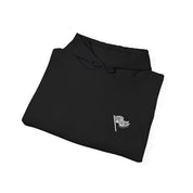 Folded black hoodie sweatshirt with a small white logo on a white background.#color_black