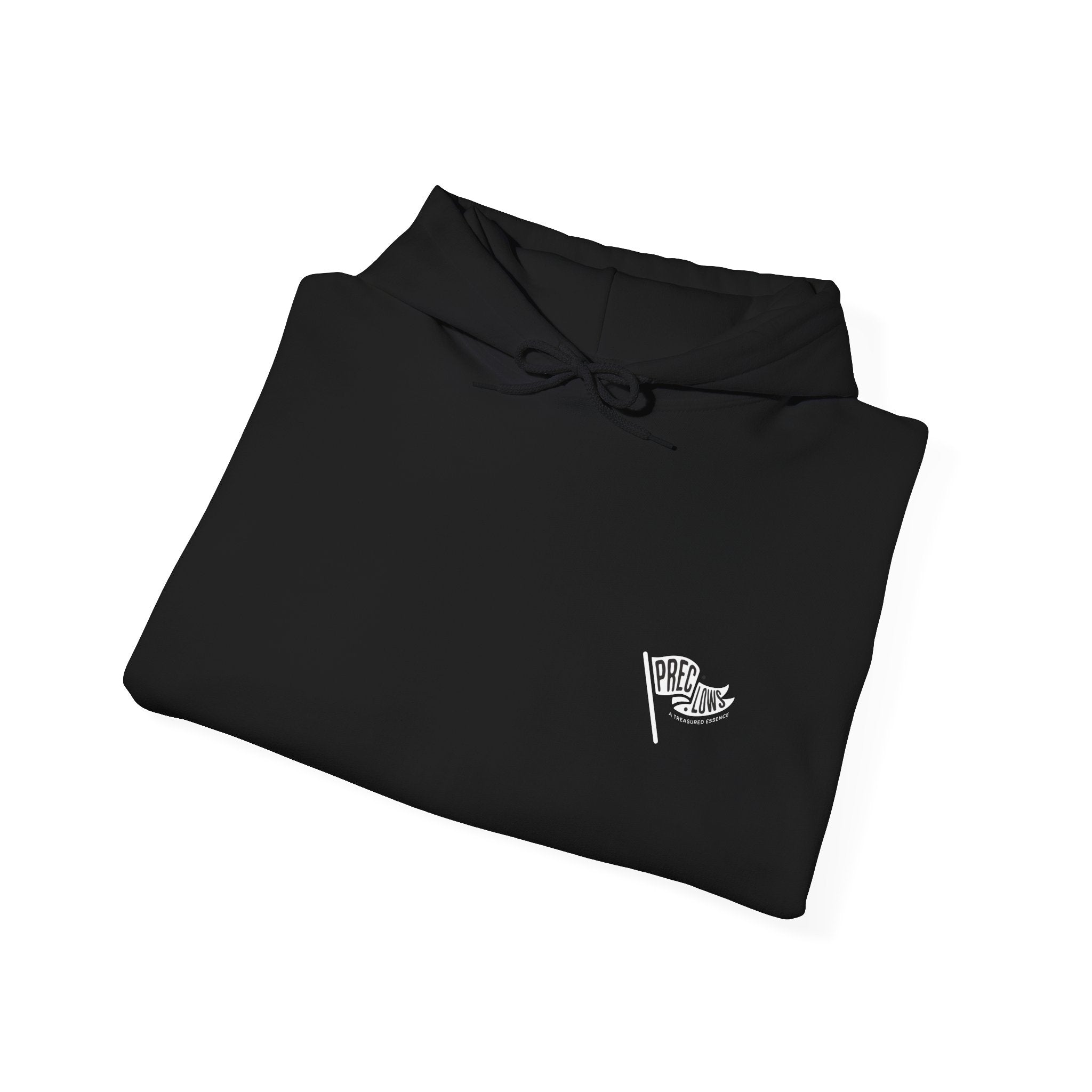 Folded black hoodie sweatshirt with a small white logo on a white background.#color_black