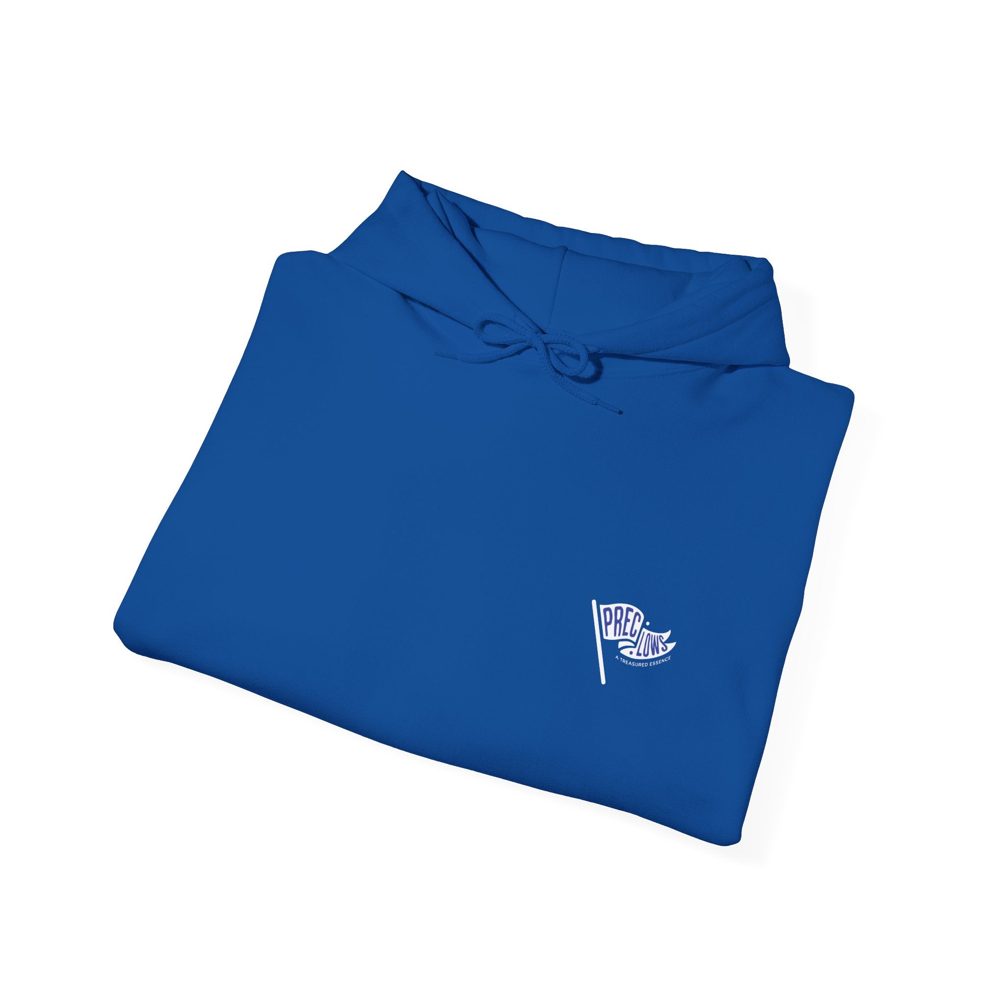 Folded blue hoodie with a white logo on a white background.#color_royal