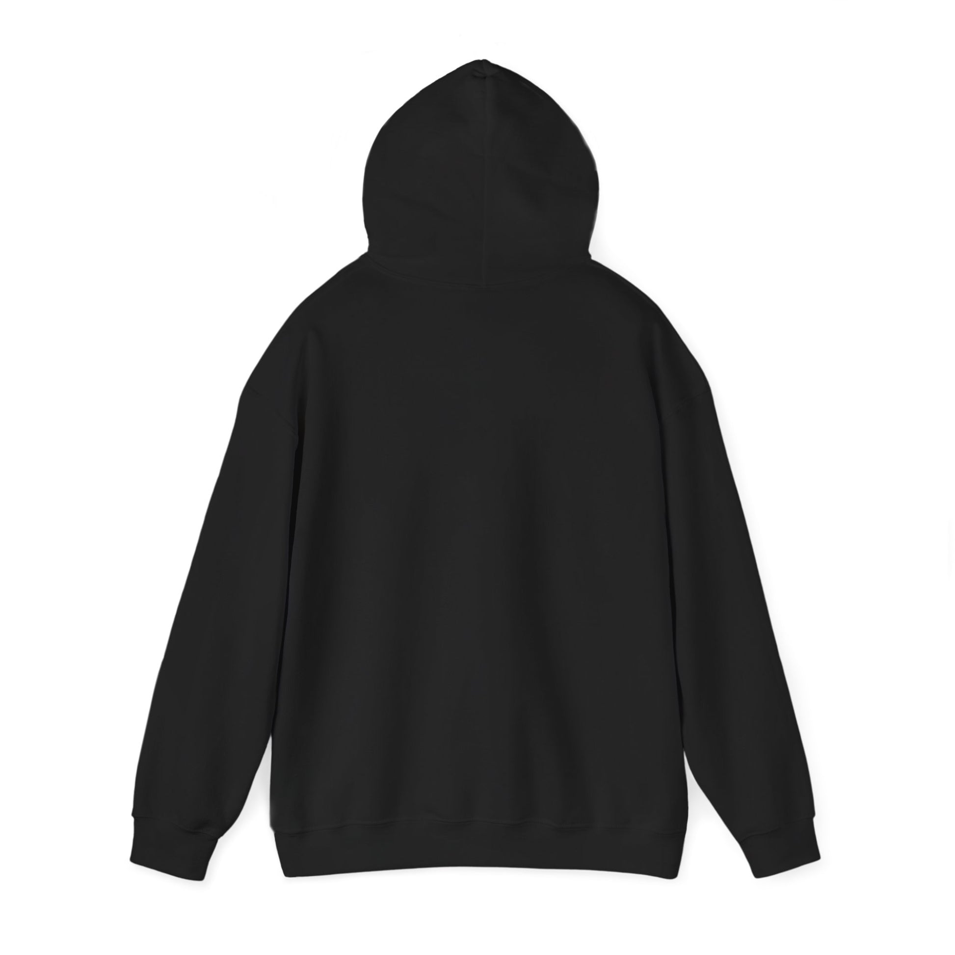 Back of a black hoodie with hood up on a white background.#color_black