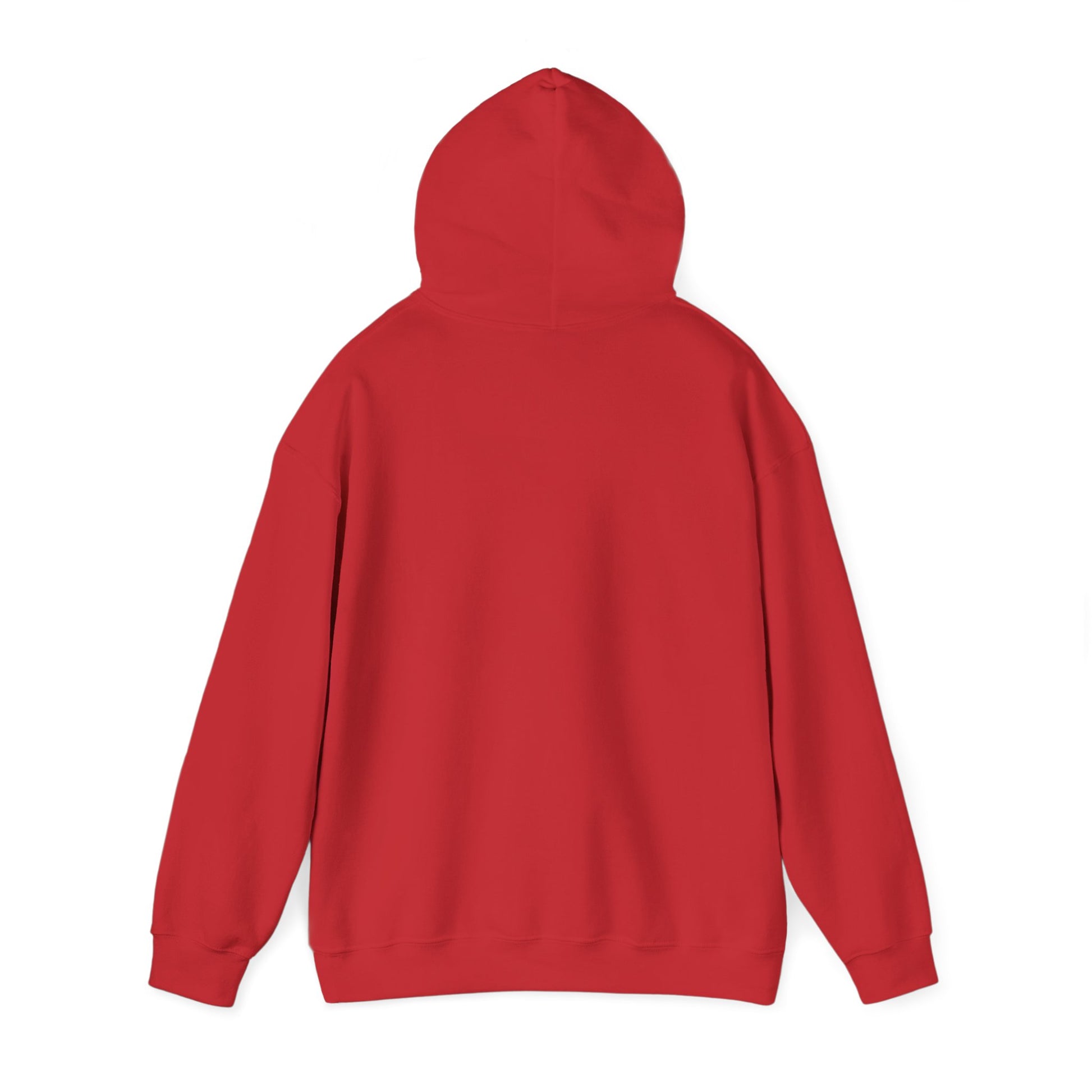 Back of red hoodie with the hood up on a white background.#color_red