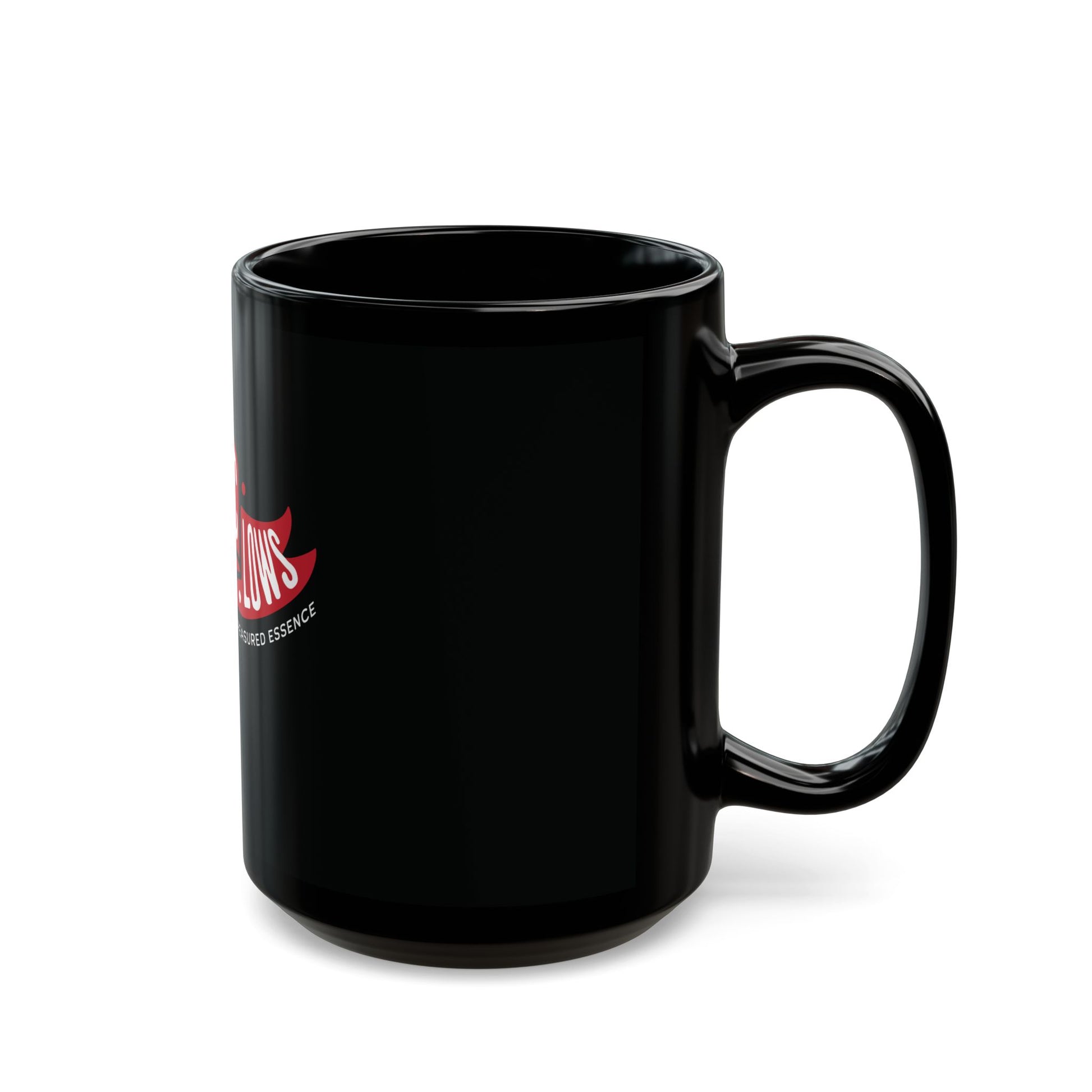 15oz black mug with a red and white logo on a white background.#size_15oz