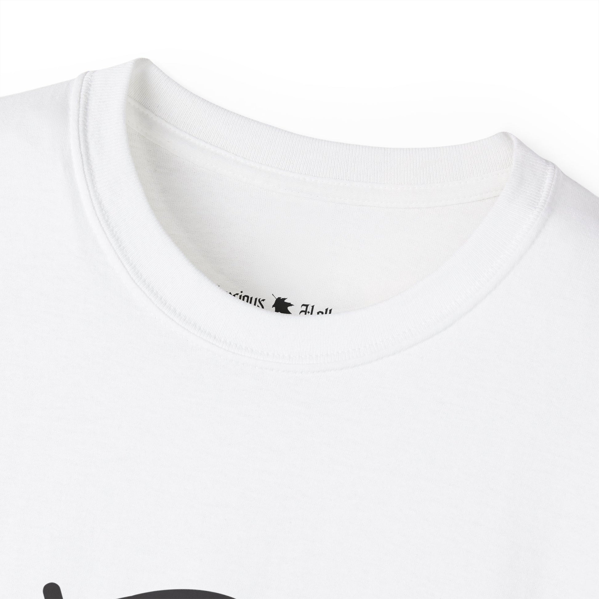 Close-up of a white t-shirt with a brand logo on the collar.#color_white