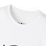 Close-up of a white t-shirt with a brand logo on the collar..#color_white