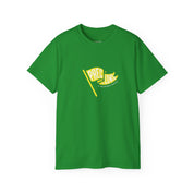 Green t-shirt with yellow graphic and text on a white background.#color_irish-green