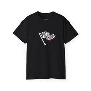 Black t-shirt with a white graphic design on a white background.#color_black