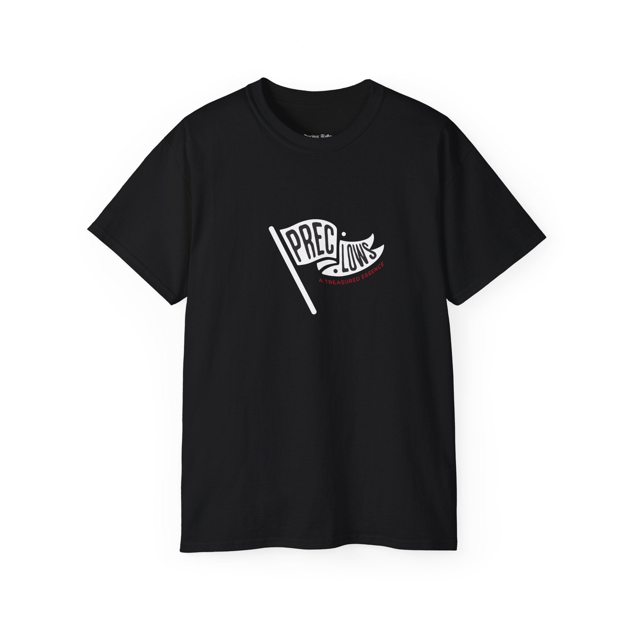Black t-shirt with a white graphic design on a white background.#color_black