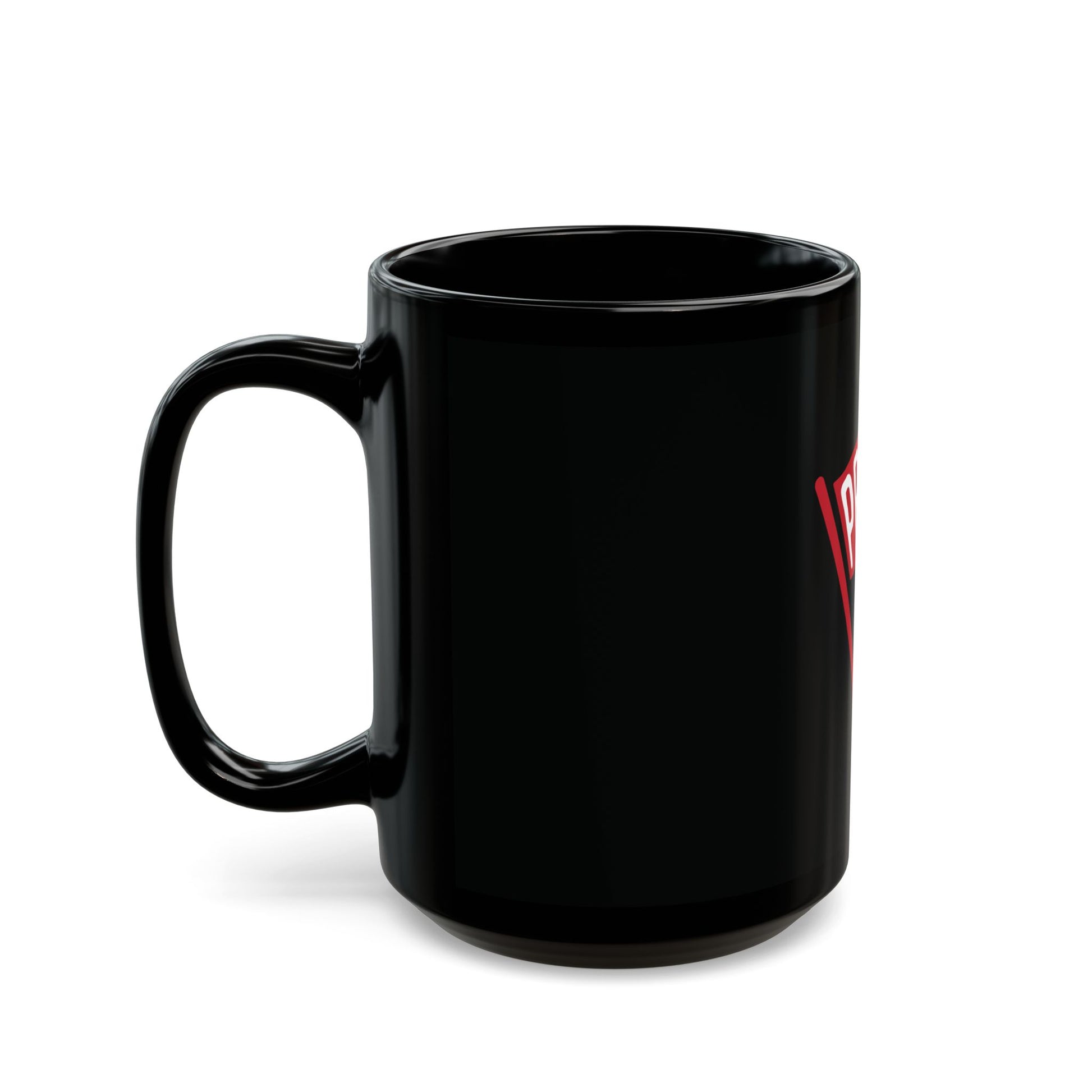 15oz black mug with a red logo on a white background.#size_15oz