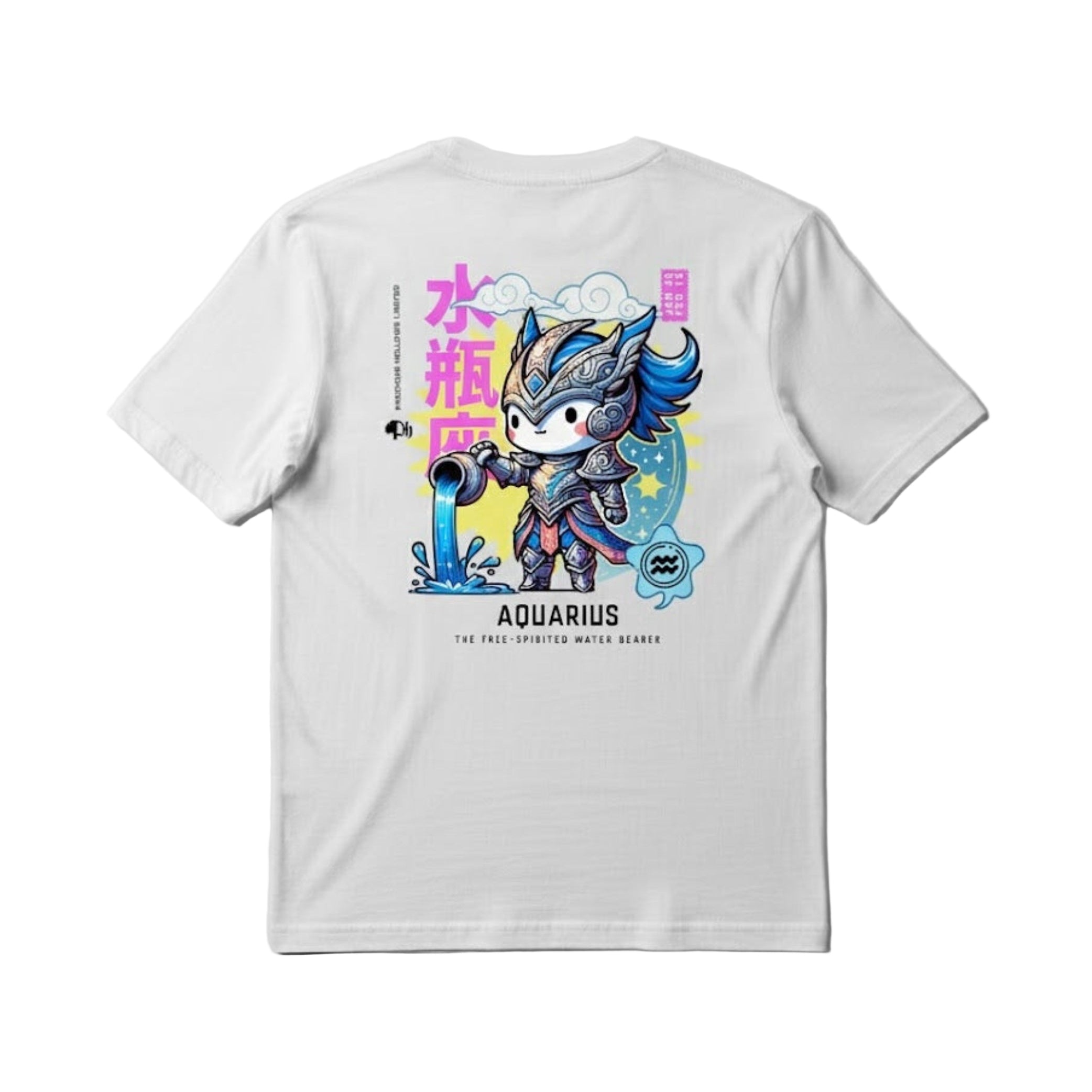 White t-shirt with Aquarius zodiac design on a white background.