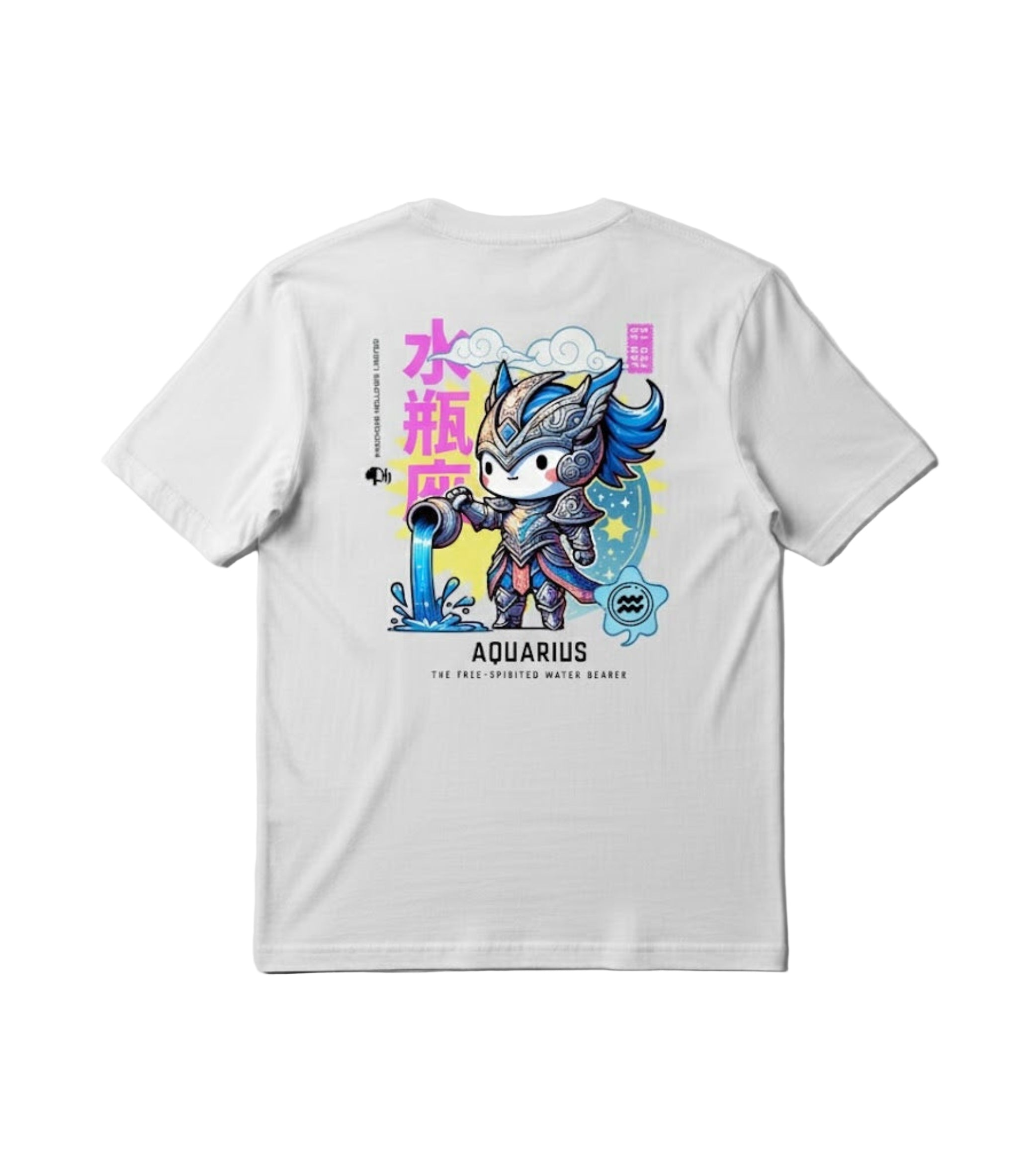 White t-shirt with Aquarius zodiac design on a white background.