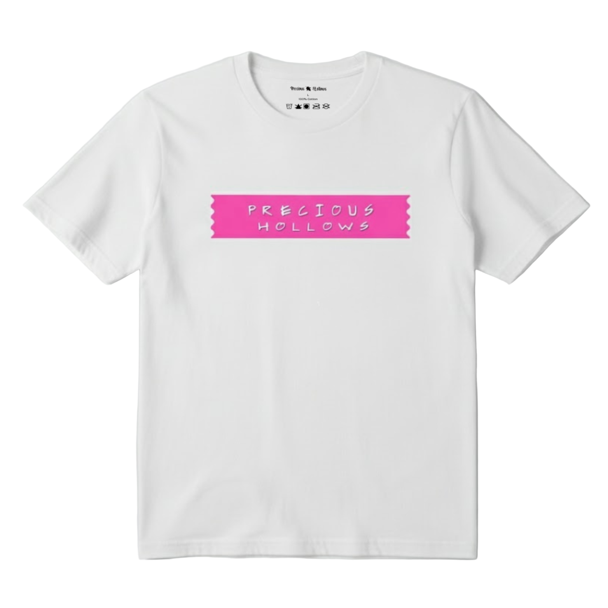 White t-shirt with pink text on a white background.